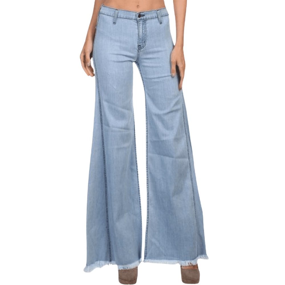 Stretch Hippie Style Wide Leg Bell Bottom Denim Pant With Frayed Hem